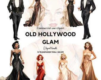 Watercolor Hollywood Glam Ladies and Gents | Old Hollywood | Glamorous ladies and gents | Vintage dresses | Cocktail dress | Tuxedo