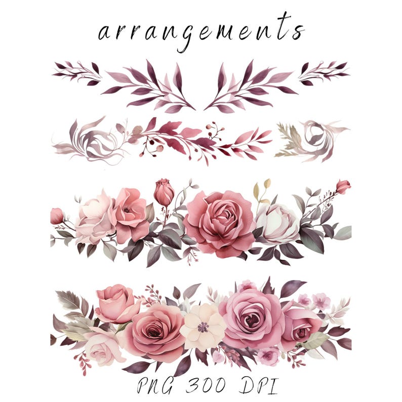 Dusty Rose aquarel clipart: Roze bloemenrand (PNG, commercieel gebruik) afbeelding 2