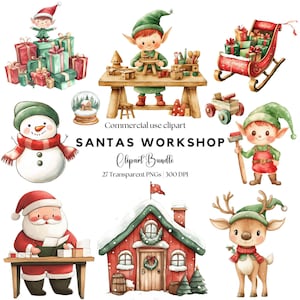 Clipart de Oficina do Papai Noel | Arte de Vila de Inverno | Papai Noel Fofo | Elfos de Natal Fofos | Rena | Boneco de Neve | Globo de Neve | Árvore de Natal png