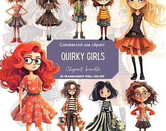 Quirky Girls Clipart: Whimsical PNG Graphics (Commercial Use)