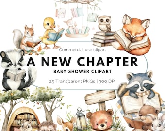 Watercolor Book Clipart PNG Bundle, A New Chapter Baby Shower Clipart, Storybook Animals Nursery Art, Commercial Use PNG
