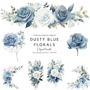 Dusty Blue Florals Clipart | Dusty Blue Flowers | Blue Roses | Dusty Blue Wedding Invitation | Blue Flowers | Watercolor Florals