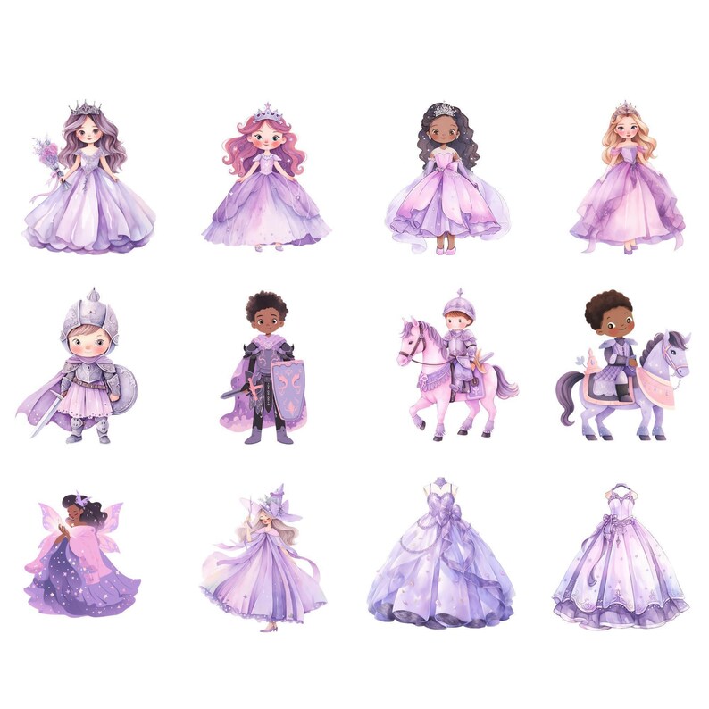 Purple Fairytale Princess Clipart Bundle, Watercolor Purple Princess ...