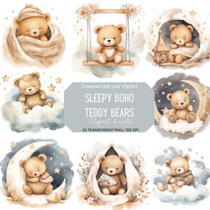 Clipart slapende teddybeer | Boho-babyshower | Kwekerij-clipart | Teddybeer op de maan | Teddybeer op wolk | Neutrale teddybeer | Sterren en wolken