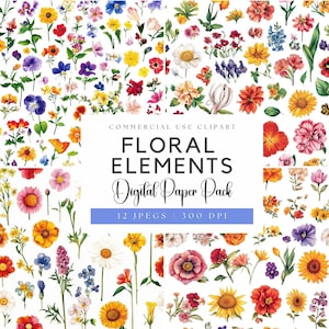 Watercolor Floral Elements Digital Papers | Bright Flowers | Colorful Floral | Wildflower | Vivid Florals | Summer florals | Wedding flower