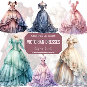 Watercolor Victorian Dress Clipart | Victorian Fashion | Scrapbook Ephemera | Vintage Clothing | Baroque Clipart | Corseted dress