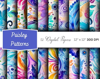 Paisley Pattern Digital Papers: Seamless Retro Backgrounds (Commercial Use)