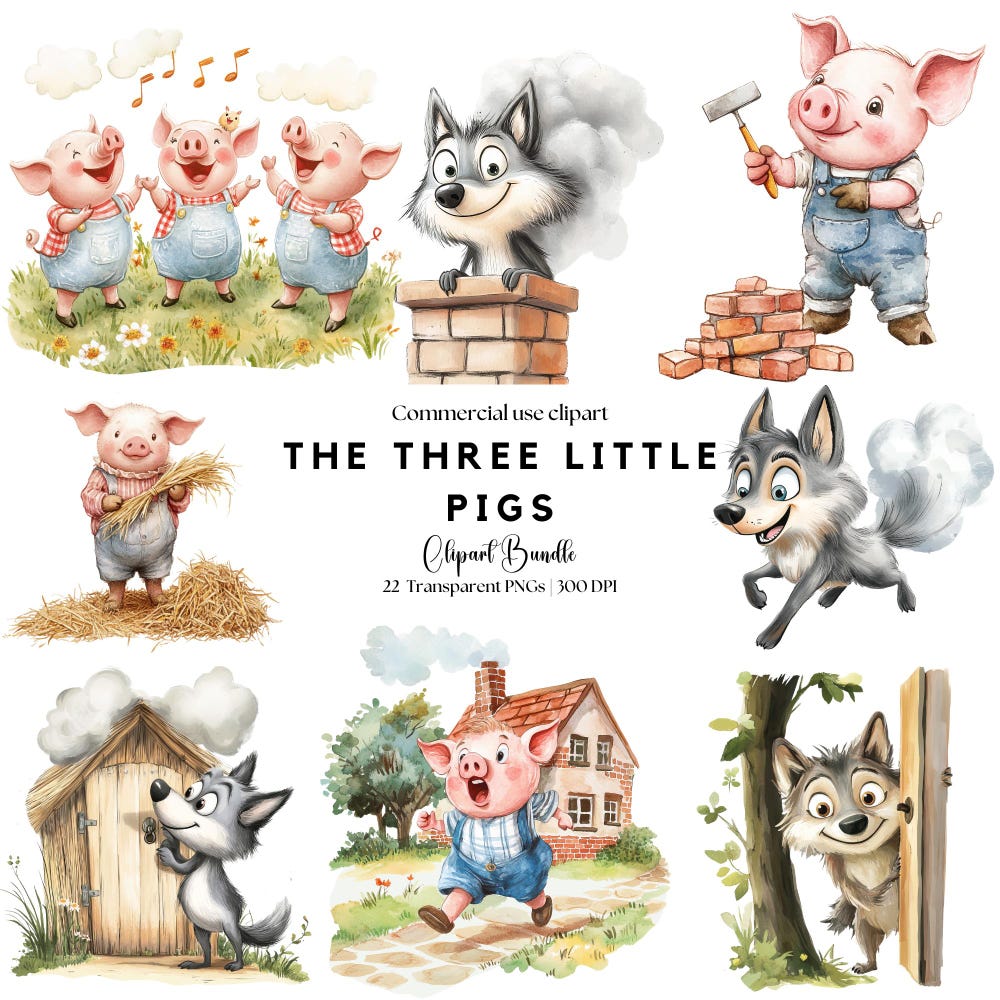 The Three Little Pigs Clipart | The Big Bad Wolf | Cute Little Pig | Nursery Rhyme | Fairytale Storybook | 3 Little Pigs Png | Nursery Decor Livingmall