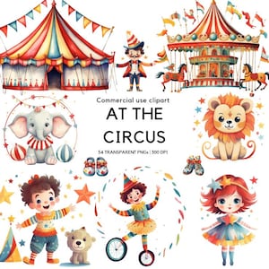 At the Circus watercolor clipart | Circus Tent Png | Clown | Cute Animals | Nursery decor | Baby Shower | Carousel | Carnival | Lion | Tiger