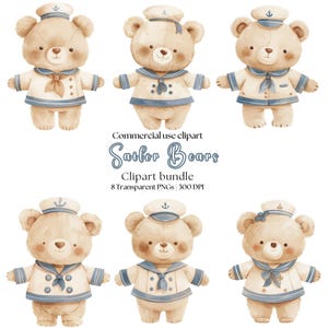 Clipart di simpatici orsetti marinai / Orsacchiotto marinaio / Orsetto marinaio / Nautico / Orsacchiotto blu / Orsetto carino / Orsacchiotti acquerellati