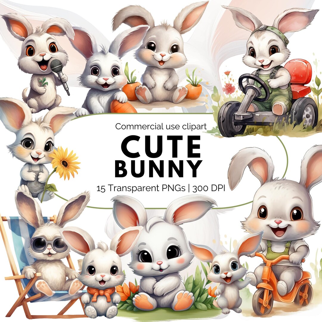Cute Bunny Clipart Bundle, Watercolor Easter Bunny PNG Set, Baby Rabbit ...