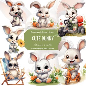 Schattige konijntjesclipart | Schattige dieren | Grappig konijntje | Schattige dieren | Schattige konijntjescartoon | Schattig konijn | Eigenzinnige konijn-aquarel | Kinderkamerinrichting