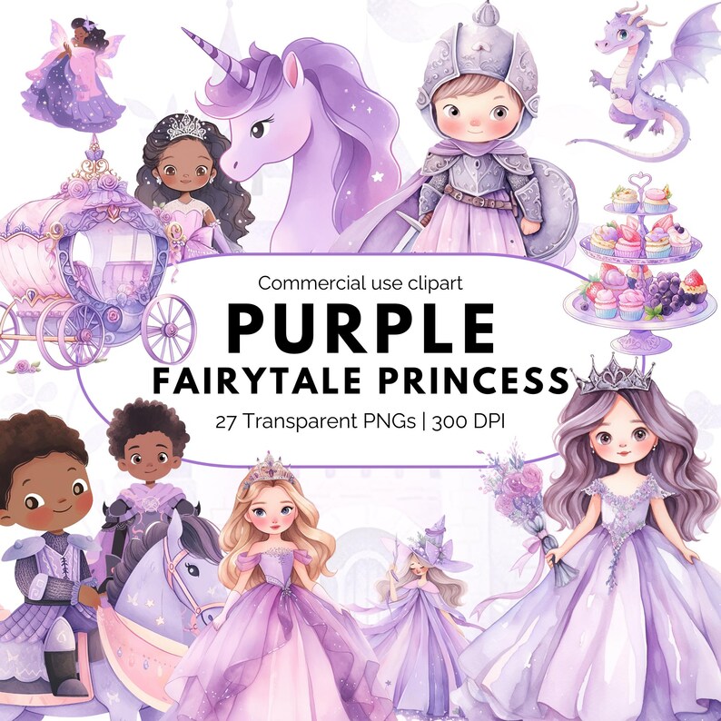 Purple Fairytale Princess Clipart Bundle, Watercolor Purple Princess ...