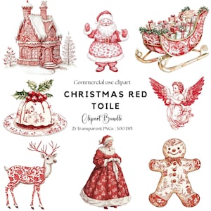 Clipart Noël toile rouge | Chinoiseries | Noël vintage | Chinoiseries Père Noël | Éphémères de Noël | Cottagecore Noël png