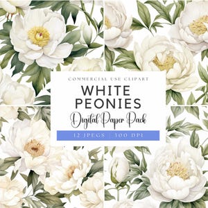 Aquarell weiße Pfingstrose Digitale Papiere | Weiß floral | Weiße Blumen | Weiße Hochzeit | Hochzeit Blumen | weiße Pfingstrose Hintergrund | Pfingstrosen