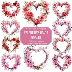 Valentijnsdag krans clipart | Valentijnsclips | Hart krans clipart | Clipart hart met bloemen | Clipart voor commercieel gebruik | Transparante png