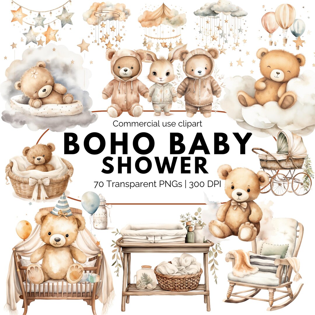 Boho Baby Shower Clipart Bundle, Neutral Teddy Bear Nursery PNG Set ...