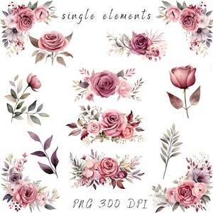 Dusty Rose aquarel clipart: Roze bloemenrand (PNG, commercieel gebruik) afbeelding 4