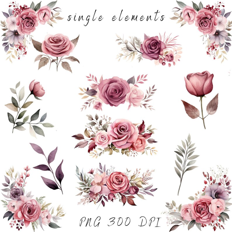 Dusty Rose aquarel clipart: Roze bloemenrand (PNG, commercieel gebruik) afbeelding 4