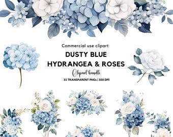 Watercolor Dusty Blue Hydrangea & Rose Clipart: Wedding Flowers (Digital Download)