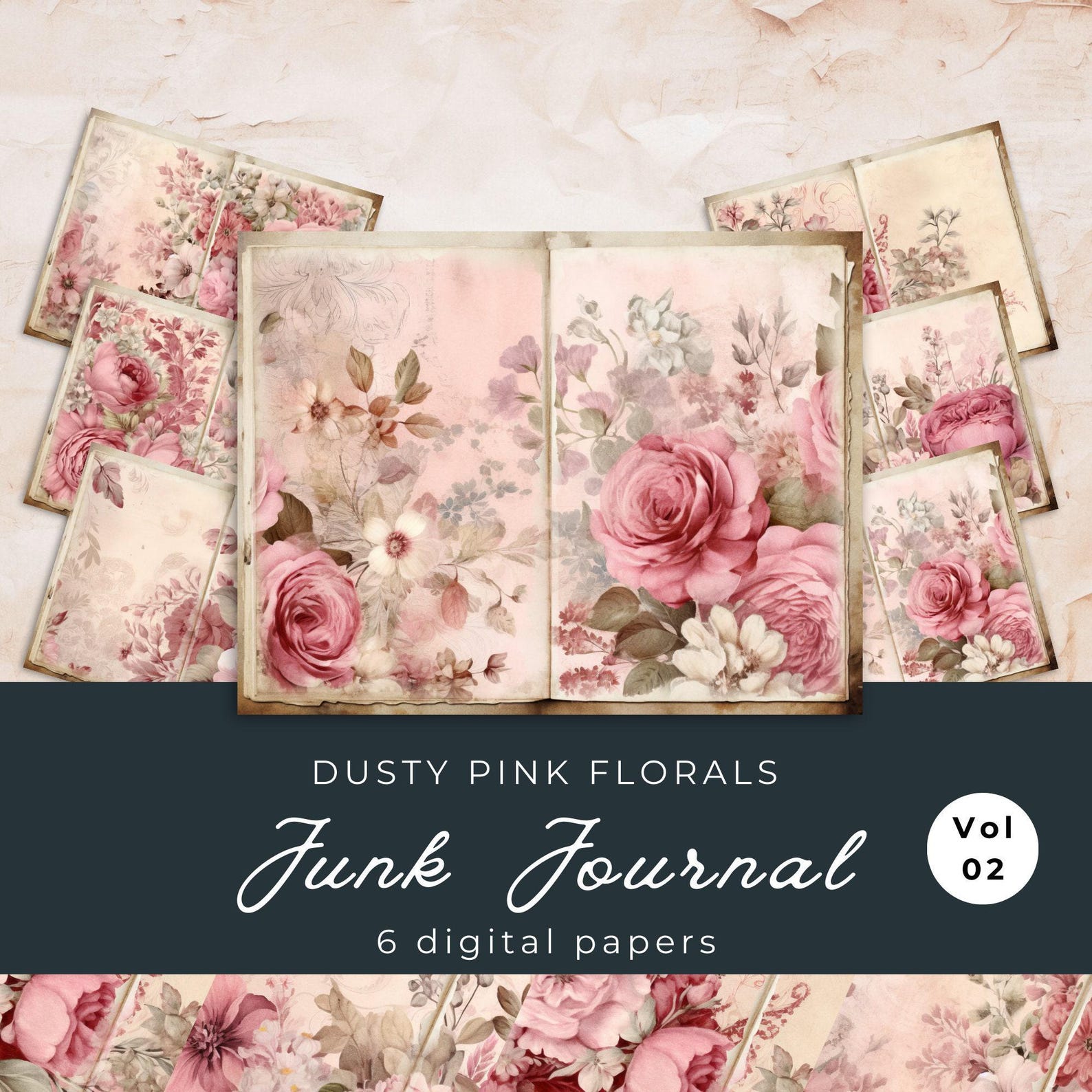 Dusty Pink Floral Junk Journal Pages: Shabby Chic Scrapbook (digital ...