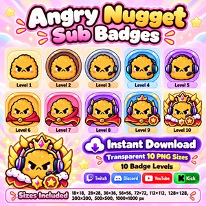 Angry Nugget Sub Badges, Cute Twitch Sub Badges PNG, Gamer Headset Sub Badges for Discord, Kick, 10 Levels