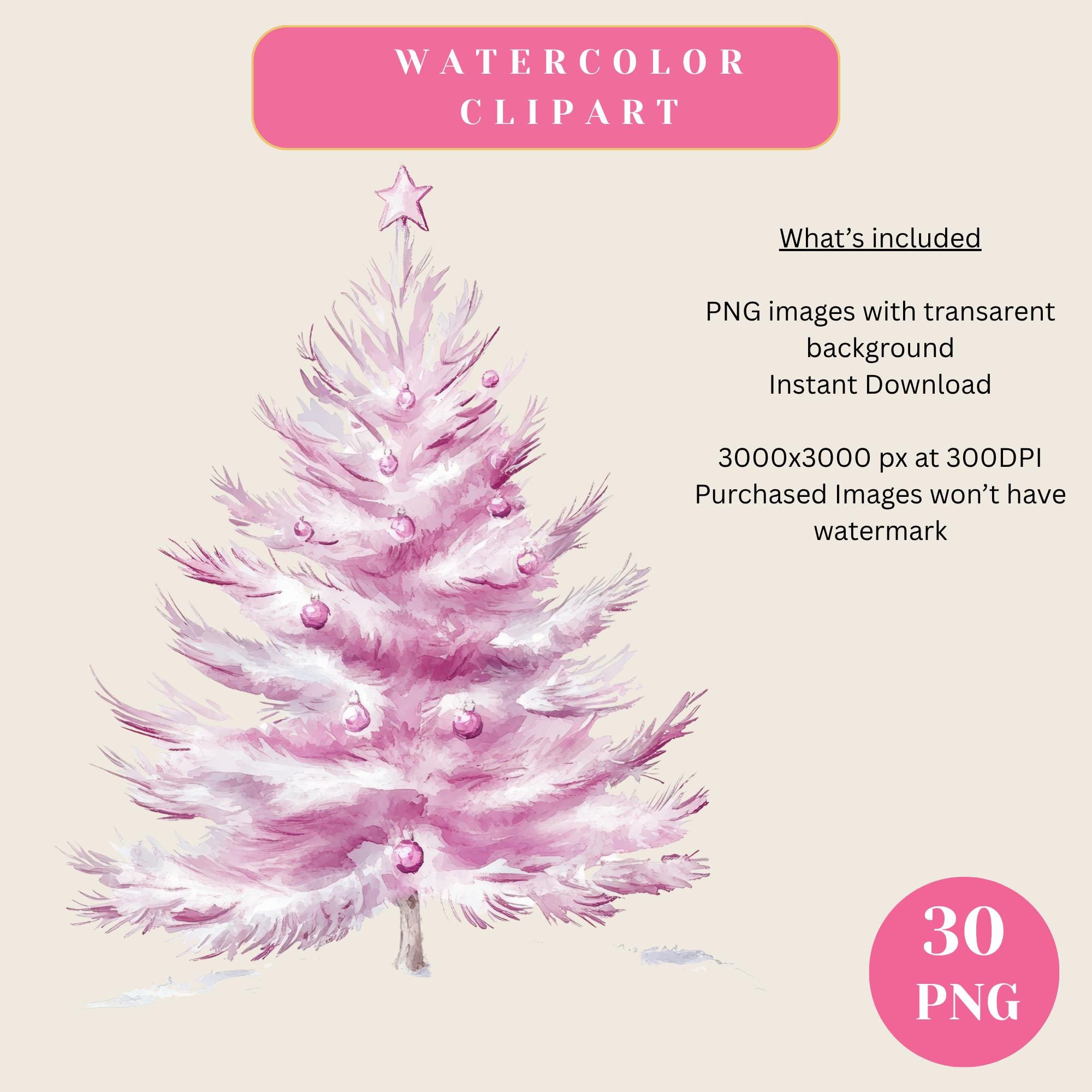 Watercolor Pink Christmas Clipart: Silver Holiday PNG Set (instant ...