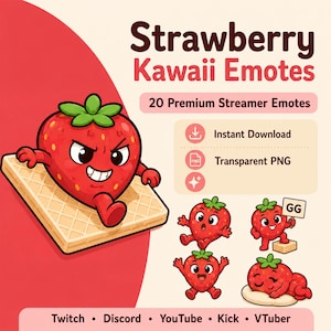 Könnte beinhalten: Ein digitales Grafikset mit dem Titel Strawberry Kawaii Emotes, das 20 Premium-Streamer-Emotes enthält. Das Bild zeigt eine rote Erdbeerfigur mit grünem Stiel auf einer Waffel, neben vier kleineren Erdbeerfiguren und Text.