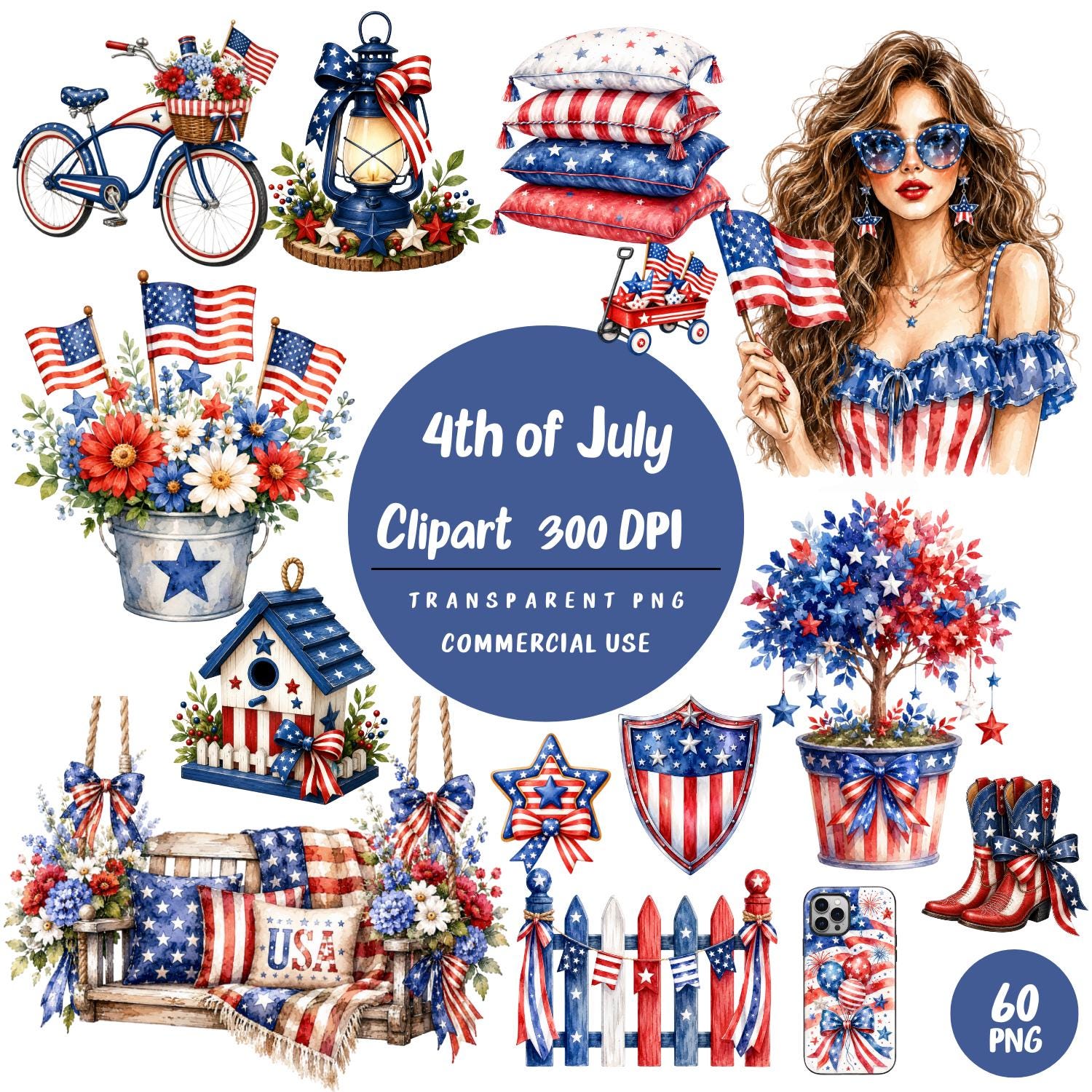 4th of July Watercolor Clipart Bundle, Patriotic USA Graphics ...