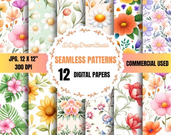Aquarell Floral Seamless Muster: 12 Frühlingsblumen Hintergründe (JPG Digitales Papier)