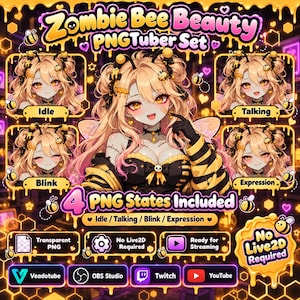 Op de afbeelding: Een digitale karakter-assetset getiteld Zombie Bee Beauty PNGTuber Set met een blond personage met bijen-thema accessoires, inclusief vier statussen: Idle, Talking, Blink en Expression. De afbeelding bevat tekstlabels, iconen voor streamingsoftware en een rand met honingthema.