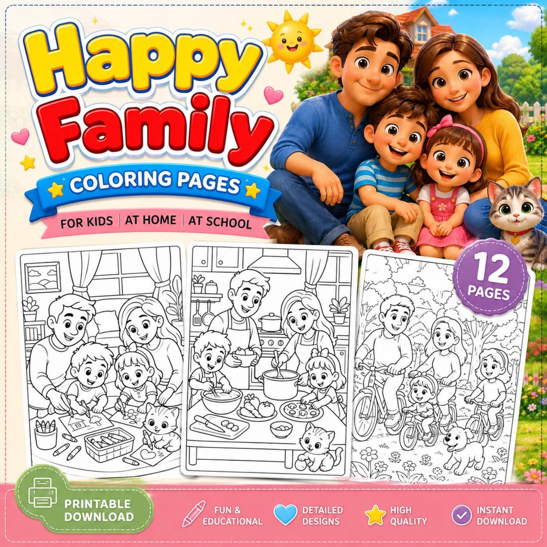 Happy Family Coloring Pages for Kids, Fun Activities, Printable PDF (12 ...