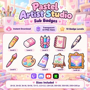 May include: A digital set of Pastel Artist Studio sub badges featuring ten icons including a pencil, eraser, colored pencils, notebook, pen, brush, palette, paint tube, easel, and framed painting, with text labels and size specifications.