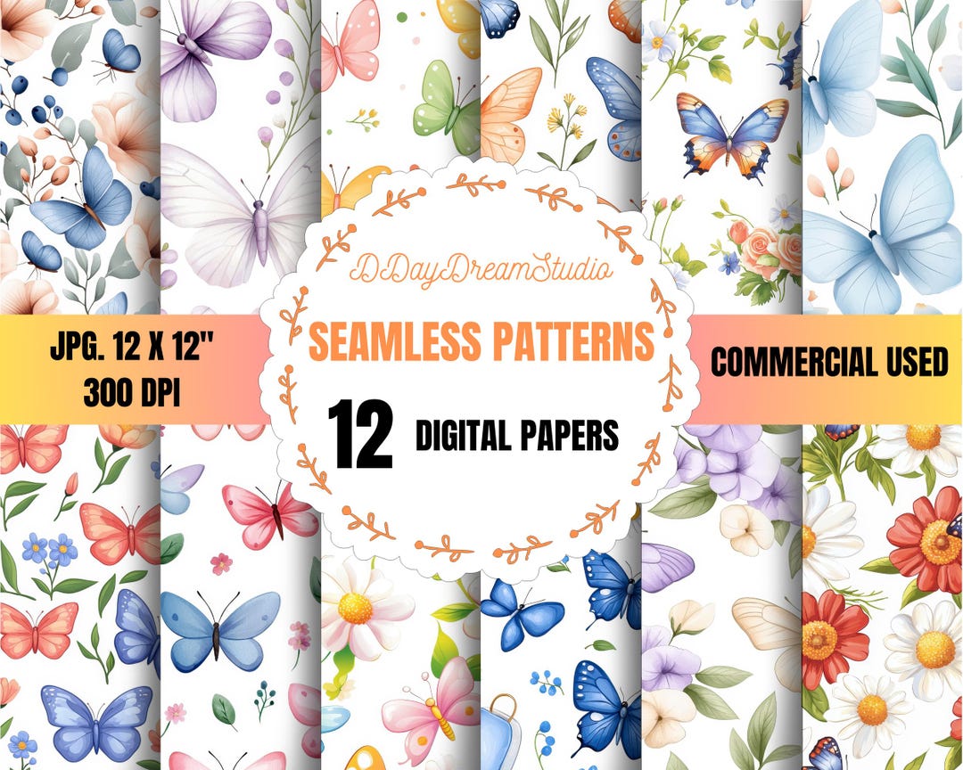 Watercolor Butterfly and Floral Seamless Patterns | 12x12" JPG Digital ...