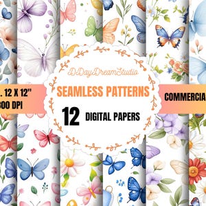 Watercolor Butterfly and Floral Seamless Patterns | 12x12" JPG Digital Paper | Spring Scrapbook Paper Pack | Instant Download