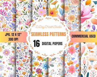 Watercolor Floral Seamless Patterns: 16 Flower Digital Papers (12x12" JPG)