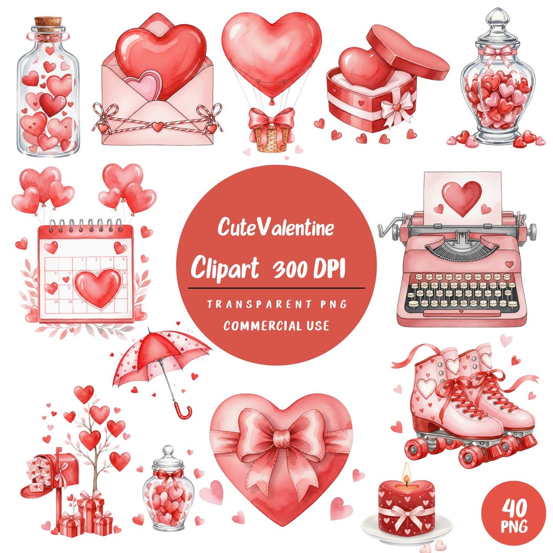 Watercolor Valentine Clipart Set, Pink Hearts, Commercial Use (40 PNG ...