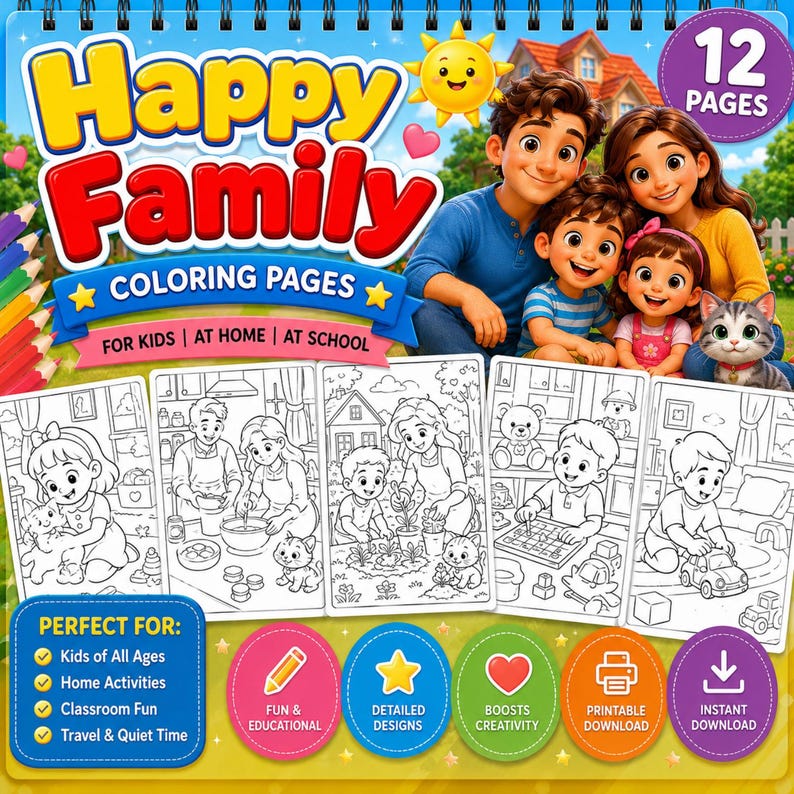 Happy Family Coloring Pages for Kids, Fun Activities, Printable PDF (12 ...