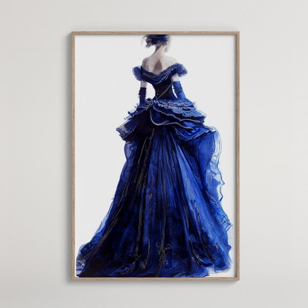 Royal Blue Gown Art | Victorian Dress Illustration | Elegant Lady Portrait | Fashion Wall Decor | Digital Print Download