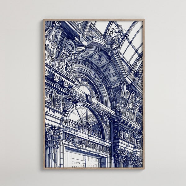 Neoclassical Building Interior Art | Intricate Pen Illustration | Grand Architectural Drawing | Detailed Columns and Arched Window