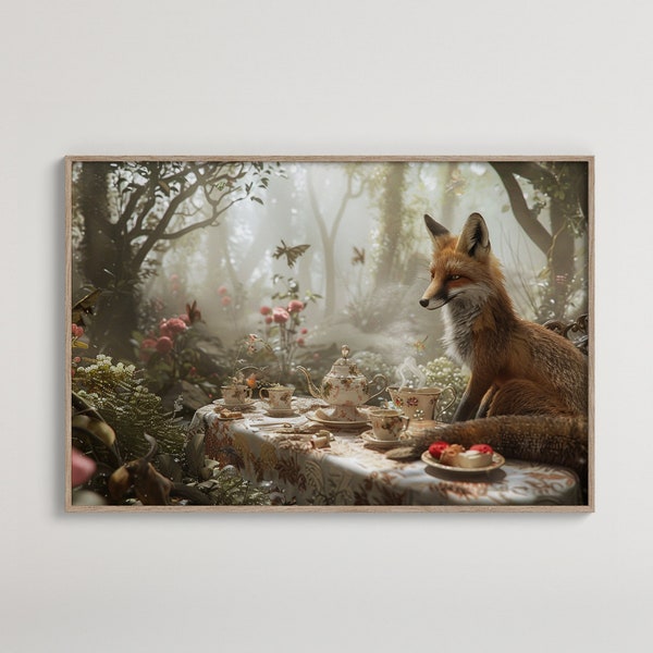 Enchanted Forest Tea Party | Majestic Fox and Whimsical Tea Set | Fantasy Woodland Digital Art Print | Ethereal Nature Scene Download