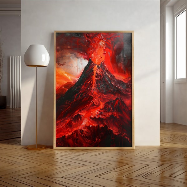 Erupting Volcano Abstract Art | Vivid Lava Flow Painting | Fiery Mountain Landscape | Digital Print Download | Home Decor Wall Art