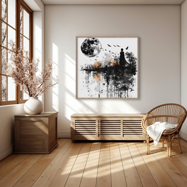 Moody Twilight Digital Art Print | Orange  Black Watercolor Scene | Silhouette with Trees  Moon | Surreal Atmospheric Wall Art Download