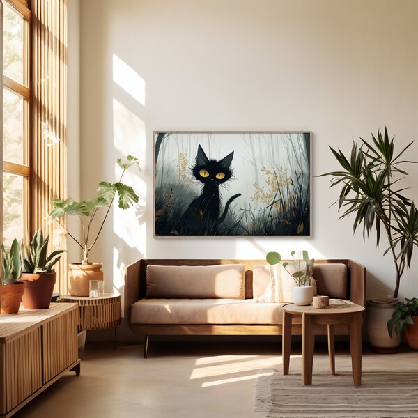 Misty Forest Black Cat Digital Art Print | Serene  Mysterious Woods with Warm Colored Foliage | Wildlife Home Decor Instant Download