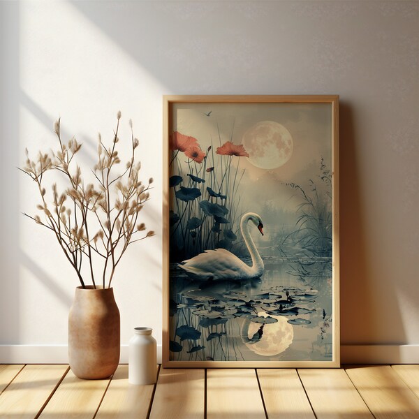 Moonlit Swan Lake | Serene Wildlife Digital Print | Mystical Night Reflections | Tranquil Nature Scenery | Home Decor Instant Download