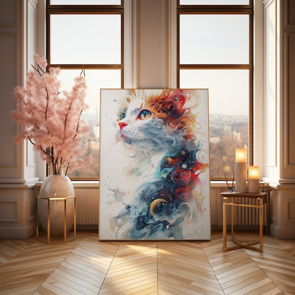 Cosmic Cat Portrait | Vibrant Abstract Art Print | Whimsical Space-Themed Kitty | Starry Galaxy Fur Design | Digital Art Download