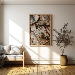 ビンテージ航海地図と計器アート | アンティーク探検家の道具のデジタルプリント | 旧世界の地図のダウンロード | 旅行者の装飾