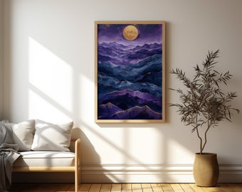 Majesté des montagnes au clair de lune | Art numérique pourpre mystique | Art mural ciel étoilé | Décoration d'intérieur paysage serein | Impression téléchargeable