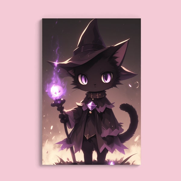 Black Cat Wizard Digital Art Print | Enchanted Animal Portrait | Magical Witch Cat with Staff | Fantasy Home Decor | Instant Download