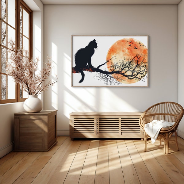 Cat on Tree Branch Silhouette Art | Orange Moon Backdrop | Bird Flight | Atmospheric Landscape | Digital Art Print Download